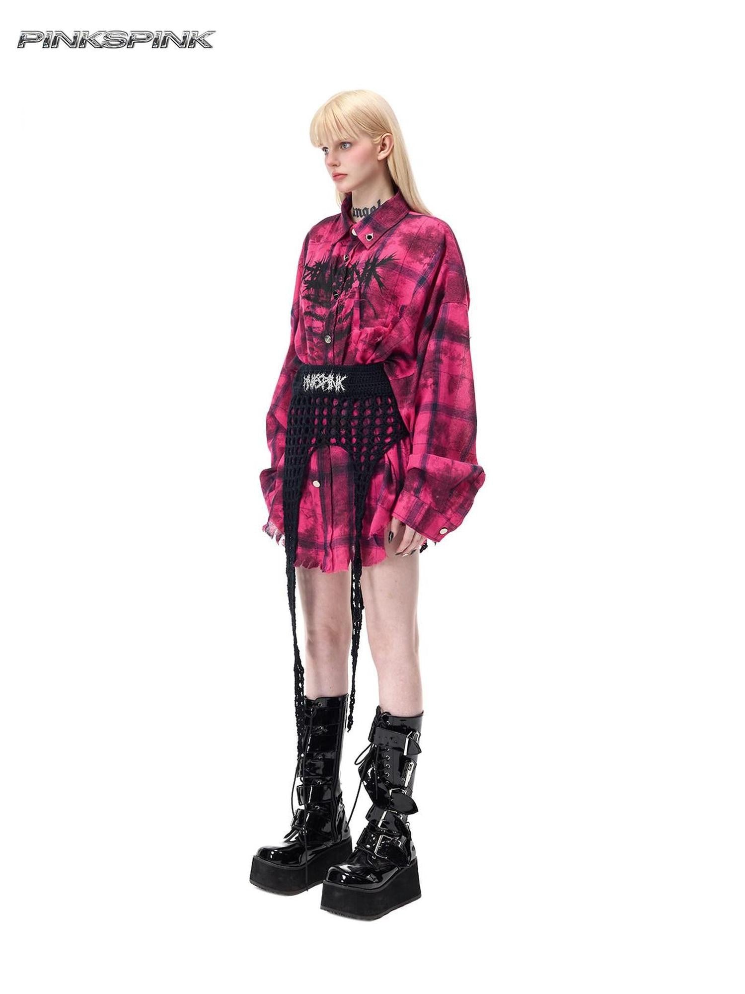 PINKSPINK Dusty Pink Studded Distressed Punk Plaid Women's Cotton Blend Overshirts