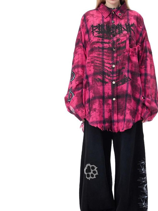 PINKSPINK Dusty Pink Studded Distressed Punk Plaid Women's Cotton Blend Overshirts