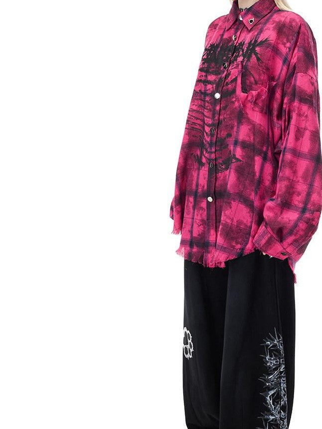 PINKSPINK Dusty Pink Studded Distressed Punk Plaid Women's Cotton Blend Overshirts