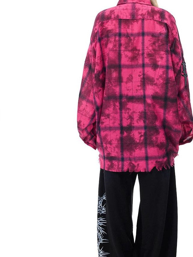 PINKSPINK Dusty Pink Studded Distressed Punk Plaid Women's Cotton Blend Overshirts