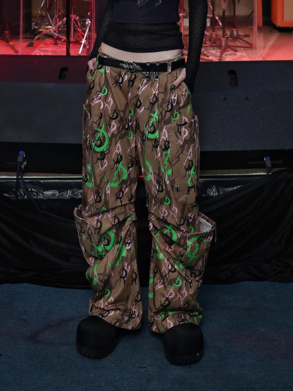PINKSPINK Electric Moon Camo 3d Sculpted Pocket Baggy Zip Fly Women's Cotton Flare Pants