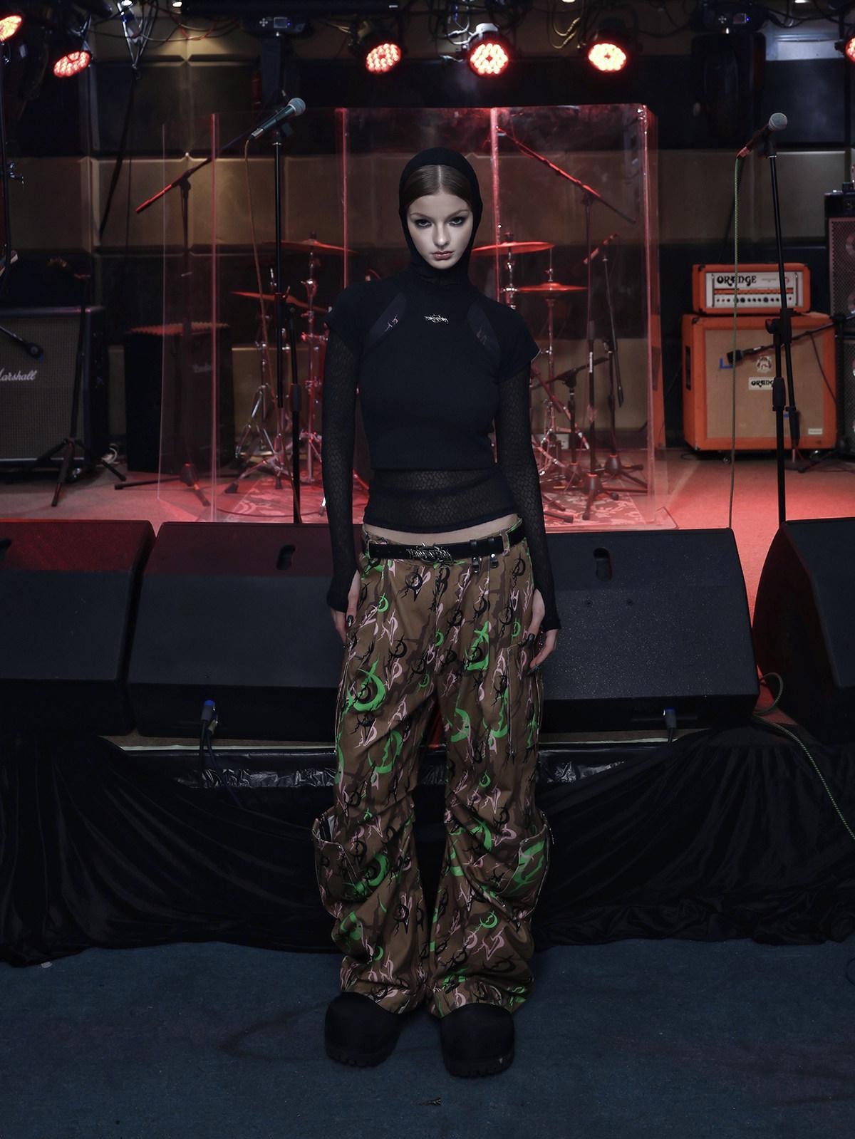 PINKSPINK Electric Moon Camo 3d Sculpted Pocket Baggy Zip Fly Women's Cotton Flare Pants