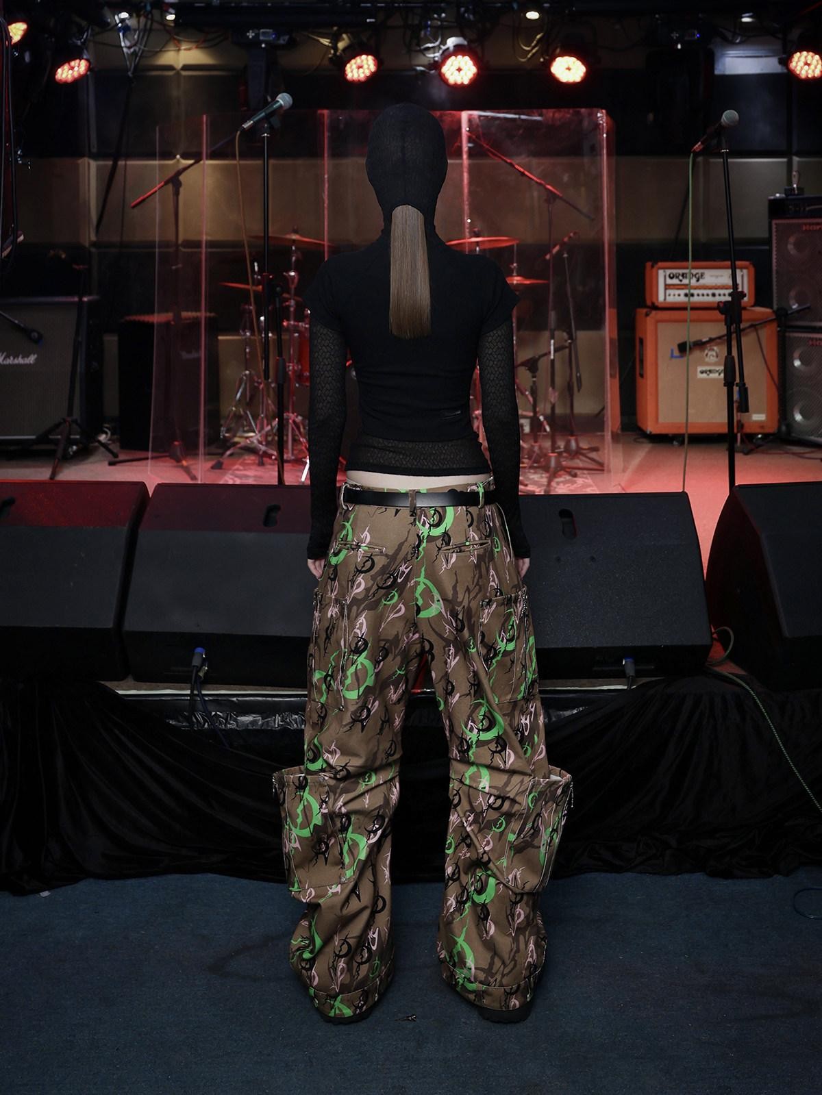 PINKSPINK Electric Moon Camo 3d Sculpted Pocket Baggy Zip Fly Women's Cotton Flare Pants