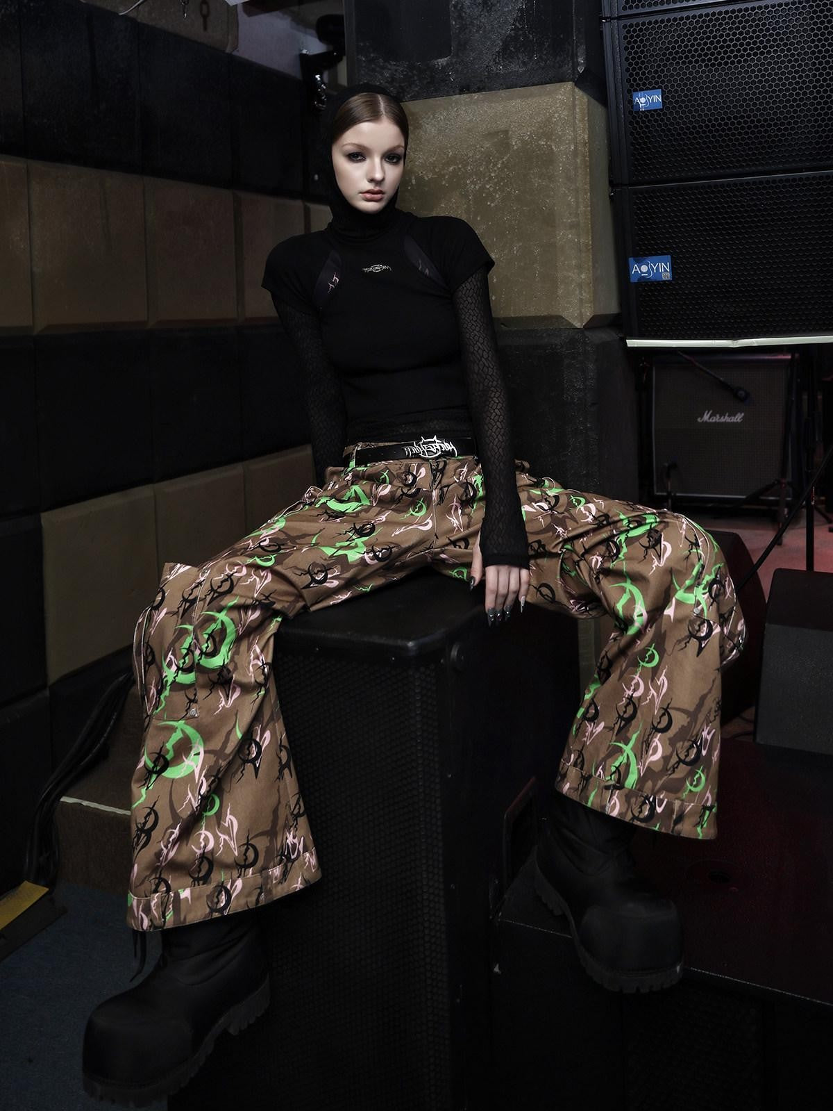 PINKSPINK Electric Moon Camo 3d Sculpted Pocket Baggy Zip Fly Women's Cotton Flare Pants