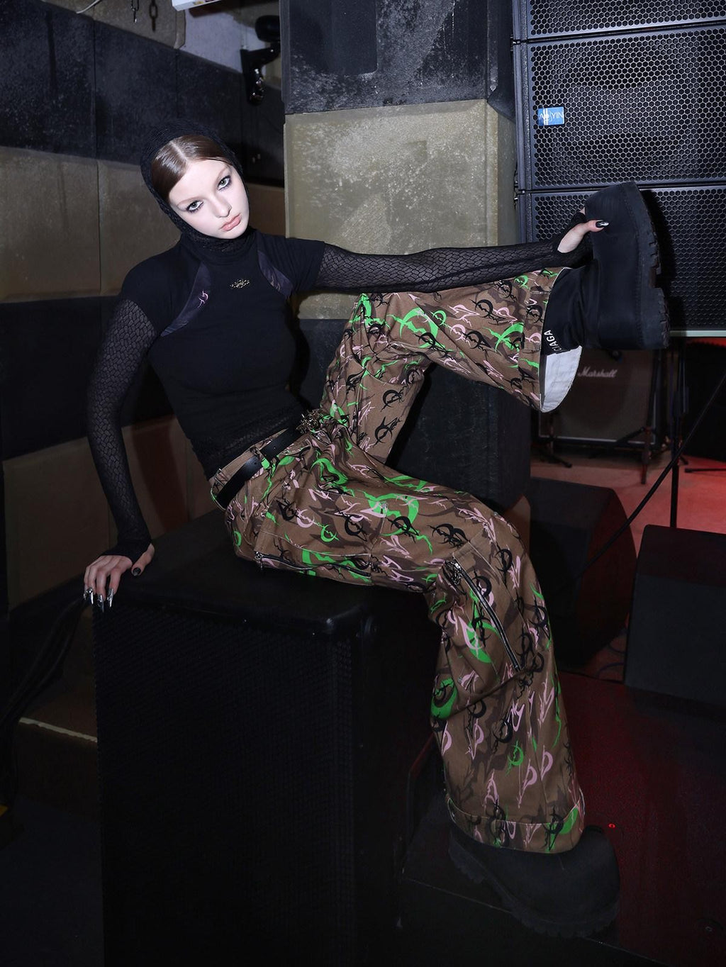 PINKSPINK Electric Moon Camo 3d Sculpted Pocket Baggy Zip Fly Women's Cotton Flare Pants