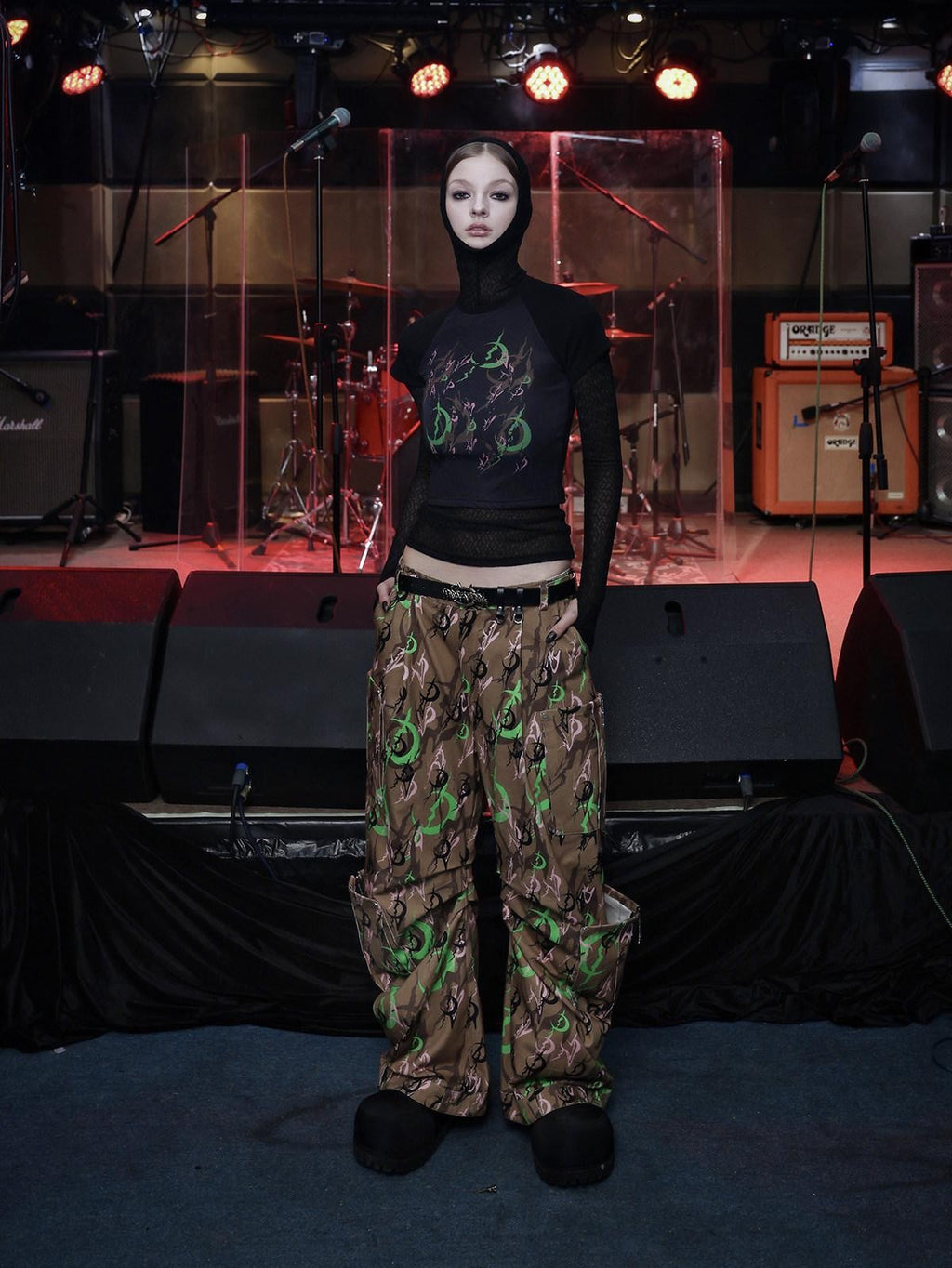 PINKSPINK Electric Moon Camo 3d Sculpted Pocket Baggy Zip Fly Women's Cotton Flare Pants