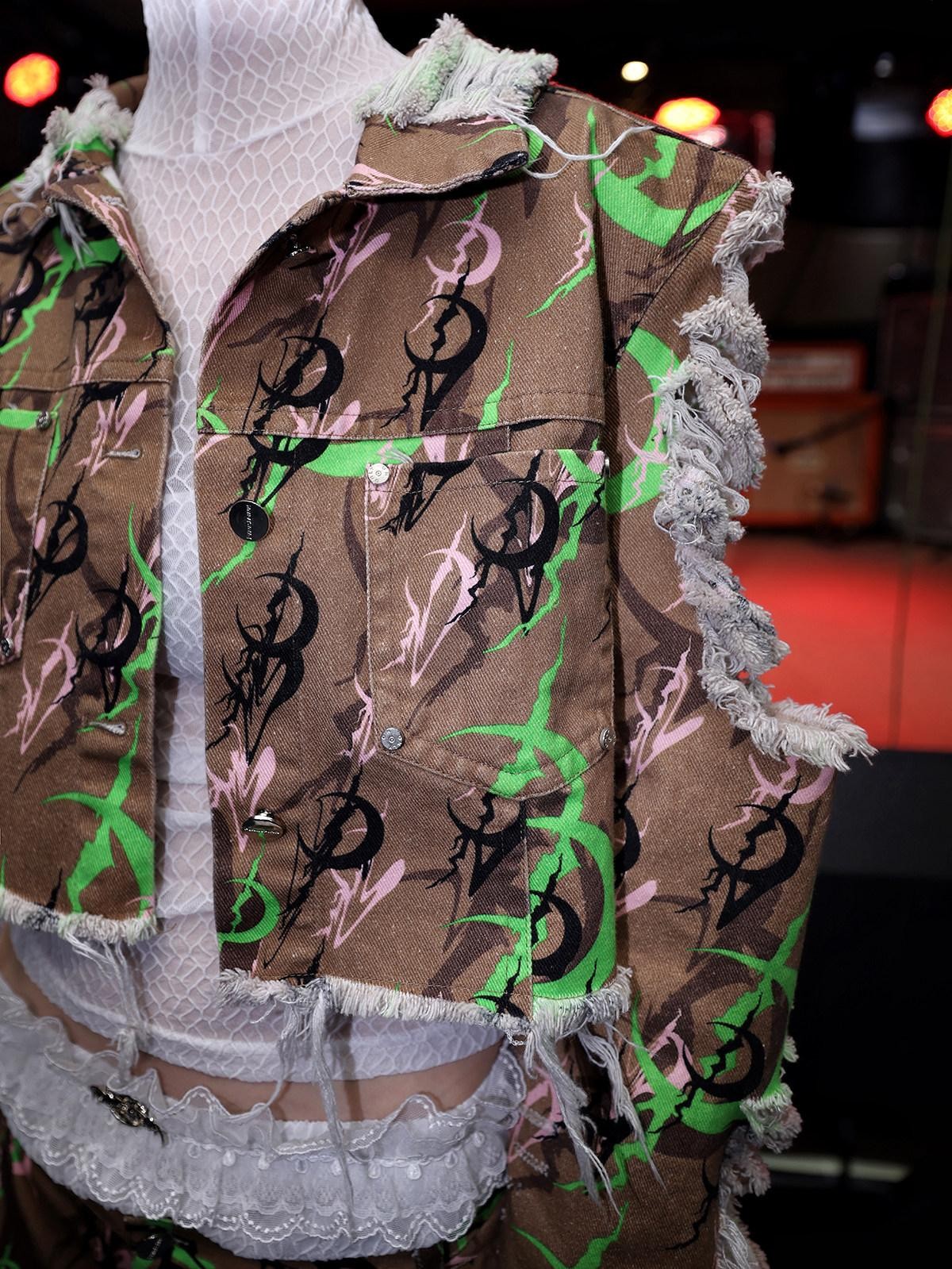 PINKSPINK Electric Moon Camo Distressed Studded Lapel Women's Cotton Cropped Jackets
