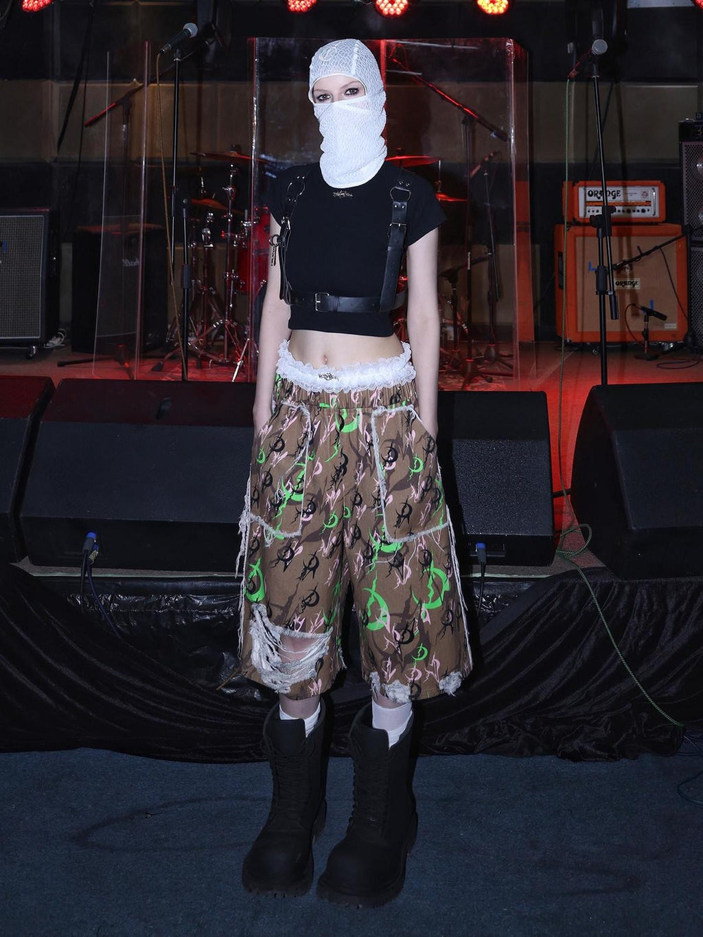 PINKSPINK Electric Moon Camo Ripped Baggy Low Waist Wide Leg Women's Cotton Capri Pants