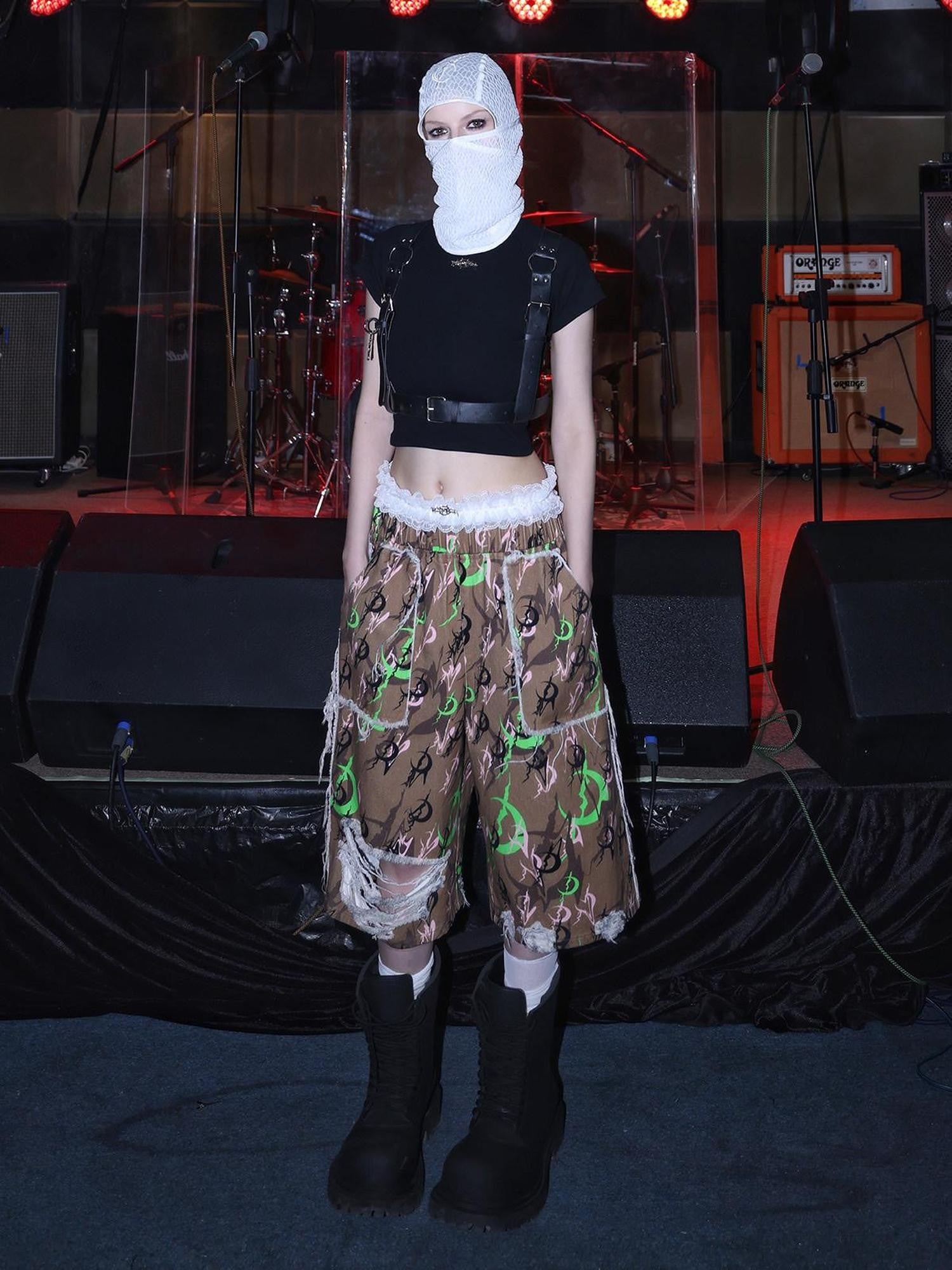 PINKSPINK Electric Moon Camo Ripped Baggy Low Waist Wide Leg Women's Cotton Capri Pants