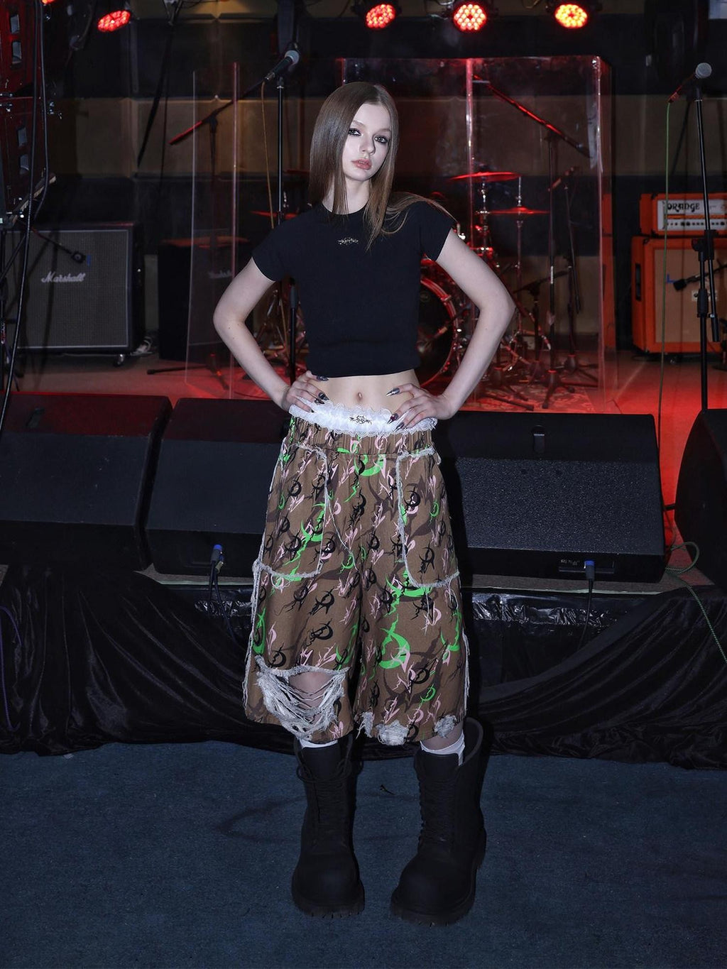 PINKSPINK Electric Moon Camo Ripped Baggy Low Waist Wide Leg Women's Cotton Capri Pants
