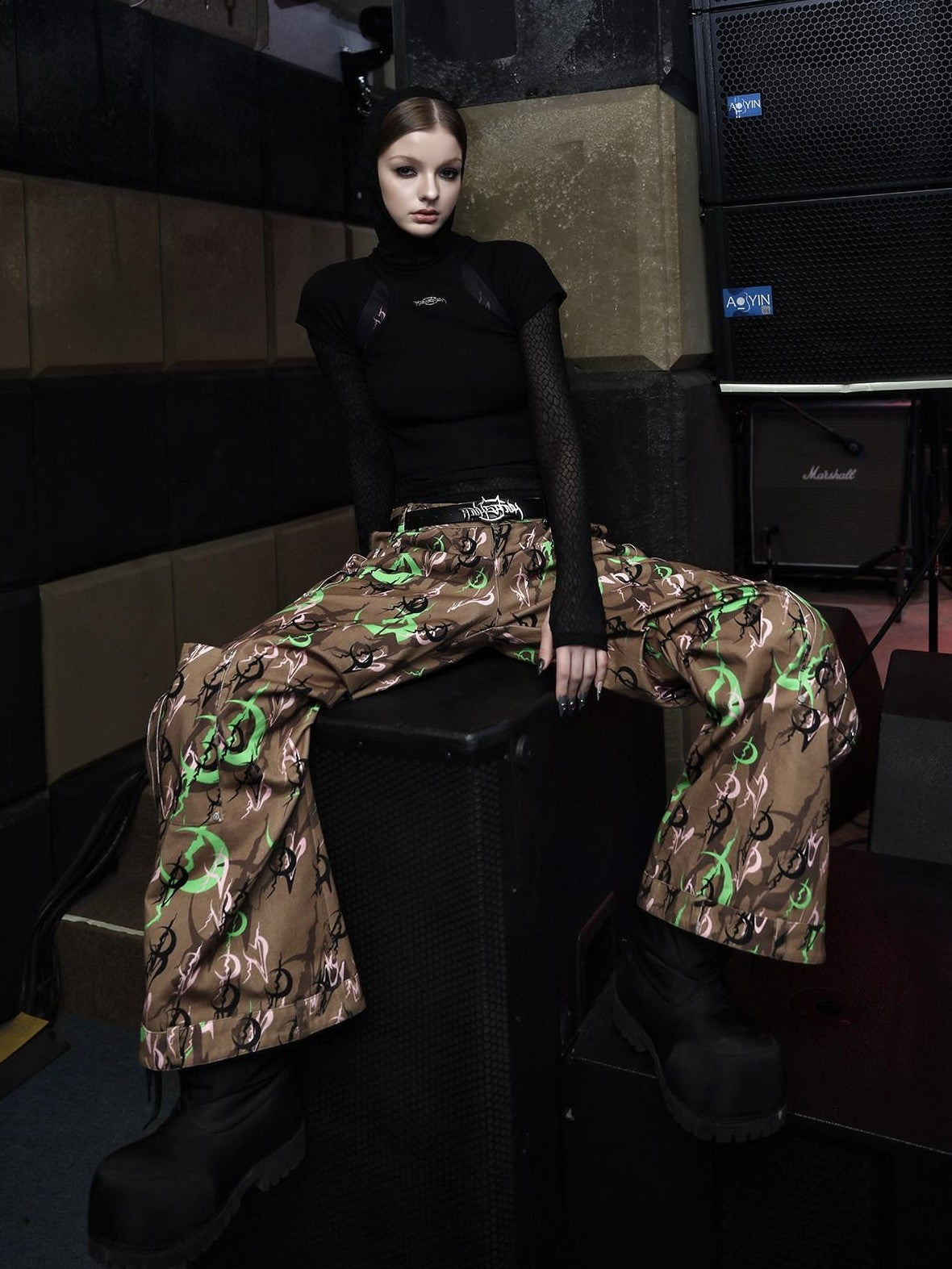 PINKSPINK Electric Moon Camo Sculpted Pocket Baggy Low Rise Zipper Women's Flare Pants