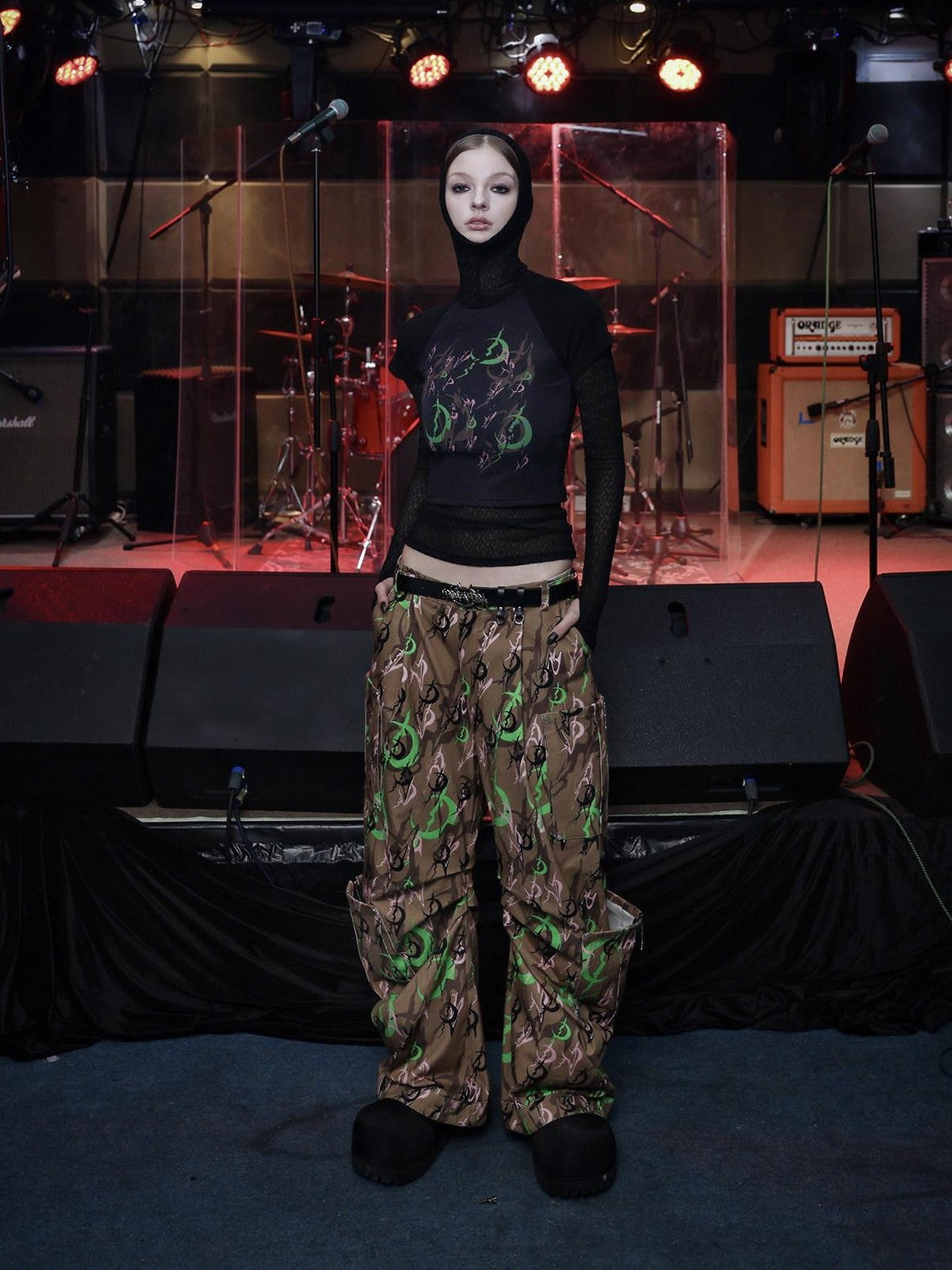 PINKSPINK Electric Moon Camo Sculpted Pocket Baggy Low Rise Zipper Women's Flare Pants