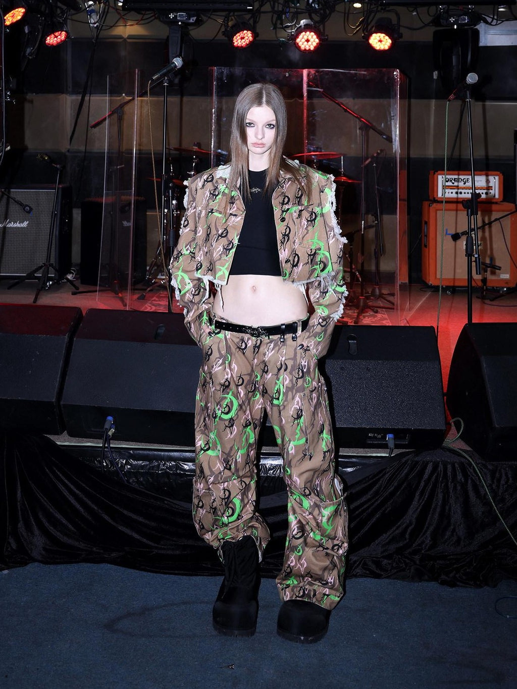 PINKSPINK Electric Moon Camouflage Distressed Metal Studded Women's Cotton Cropped Jackets