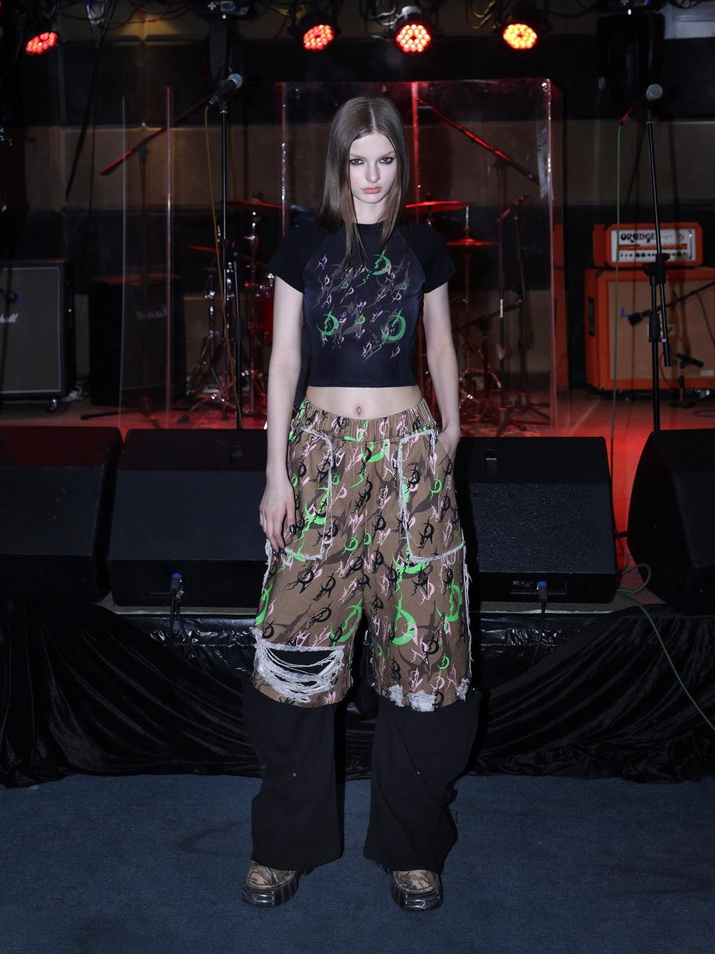 PINKSPINK Electric Moon Distressed Camo Baggy Women's Cotton Capri Pants