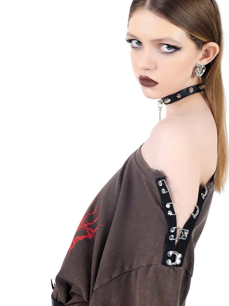PINKSPINK Electric Moon Pendant Punk Rivet Choker Women's Leather Multi Layer Necklaces