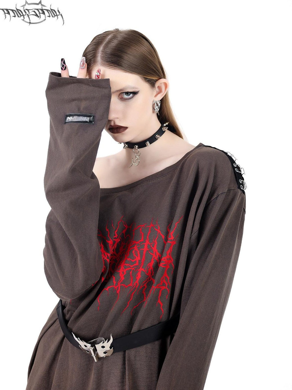 PINKSPINK Electric Moon Pendant Punk Rivet Choker Women's Leather Multi Layer Necklaces