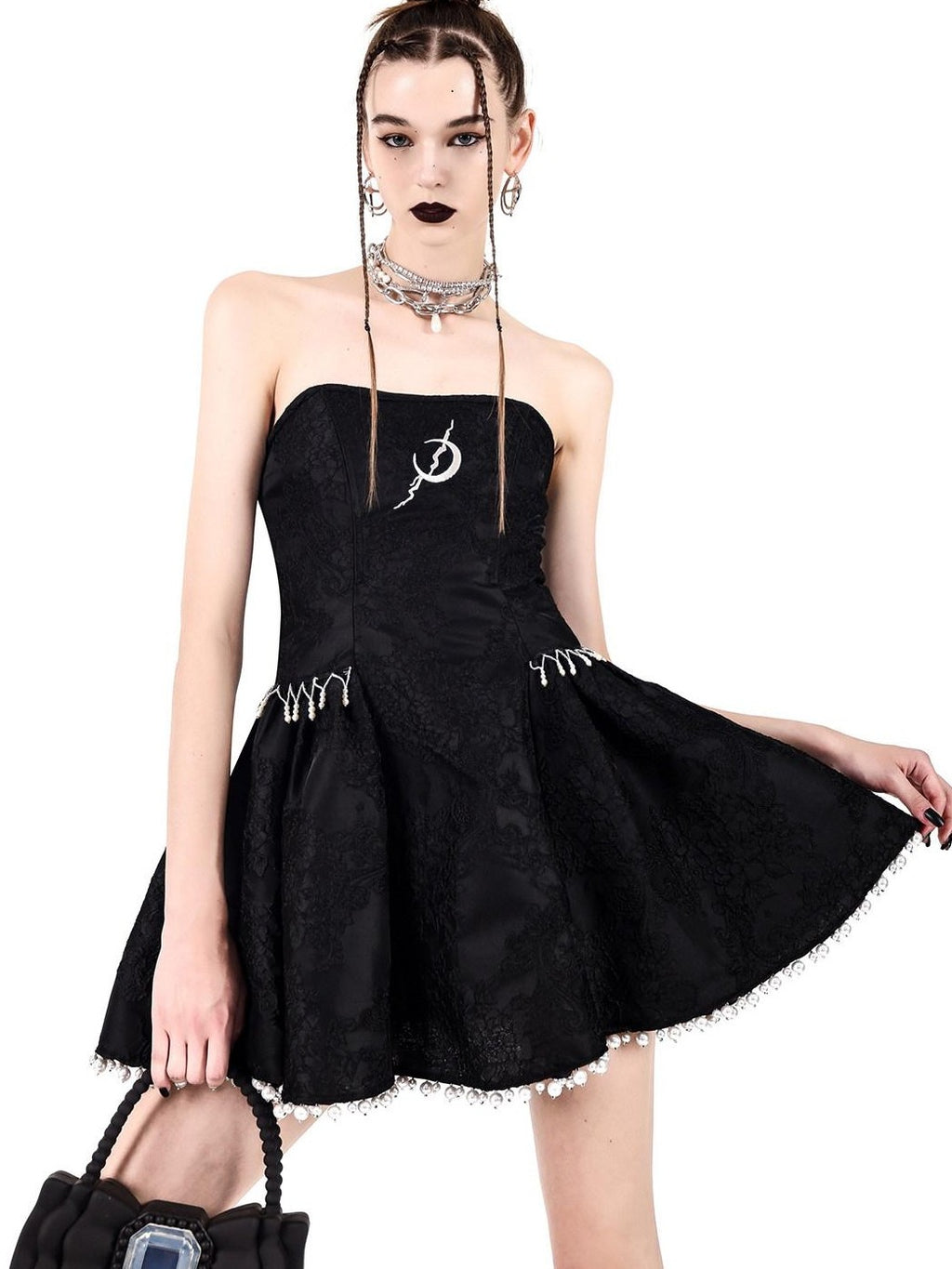 PINKSPINK Embroidered Chinese Strapless Pearl Puff Women's Tube Mini Dresses