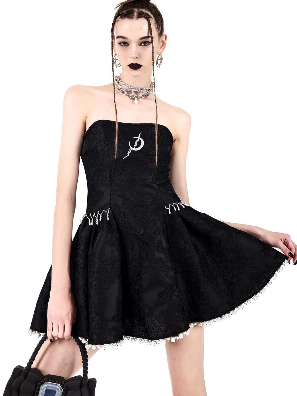 PINKSPINK Embroidered Chinese Strapless Pearl Puff Women's Tube Mini Dresses