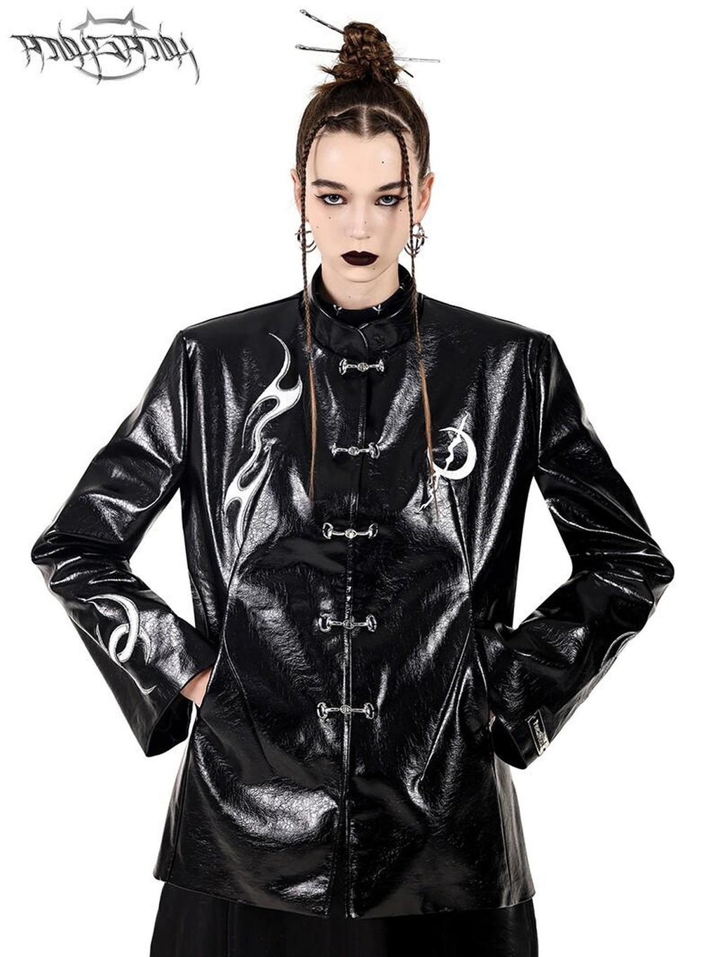 PINKSPINK Embroidered Metal Buckle Chinese Padded Shoulder Women's Pu Leather Jackets