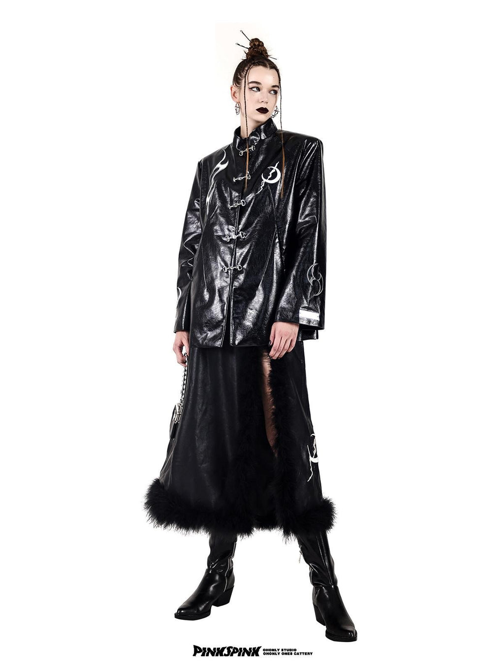 PINKSPINK Embroidered Metal Buckle Chinese Padded Shoulder Women's Pu Leather Jackets