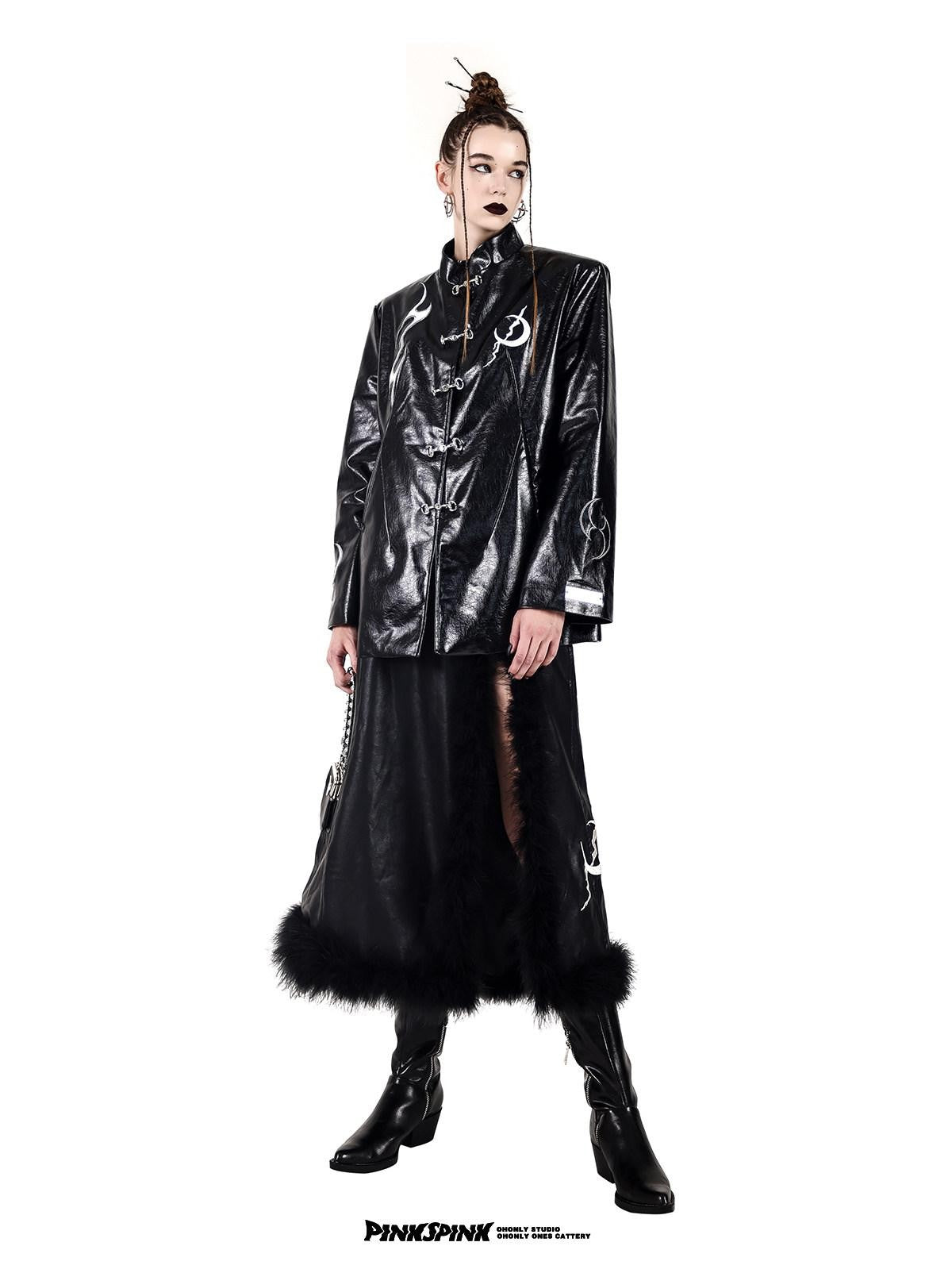 PINKSPINK Embroidered Metal Buckle Chinese Padded Shoulder Women's Pu Leather Jackets