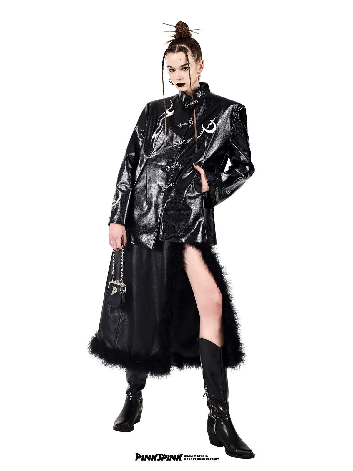 PINKSPINK Embroidered Metal Buckle Chinese Padded Shoulder Women's Pu Leather Jackets