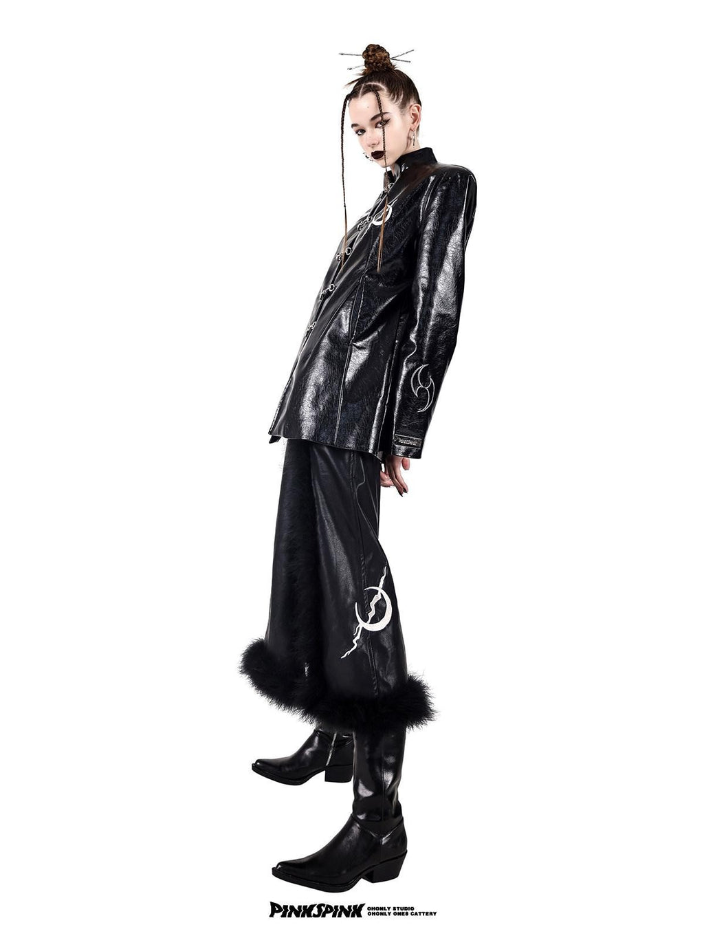 PINKSPINK Embroidered Metal Buckle Chinese Padded Shoulder Women's Pu Leather Jackets