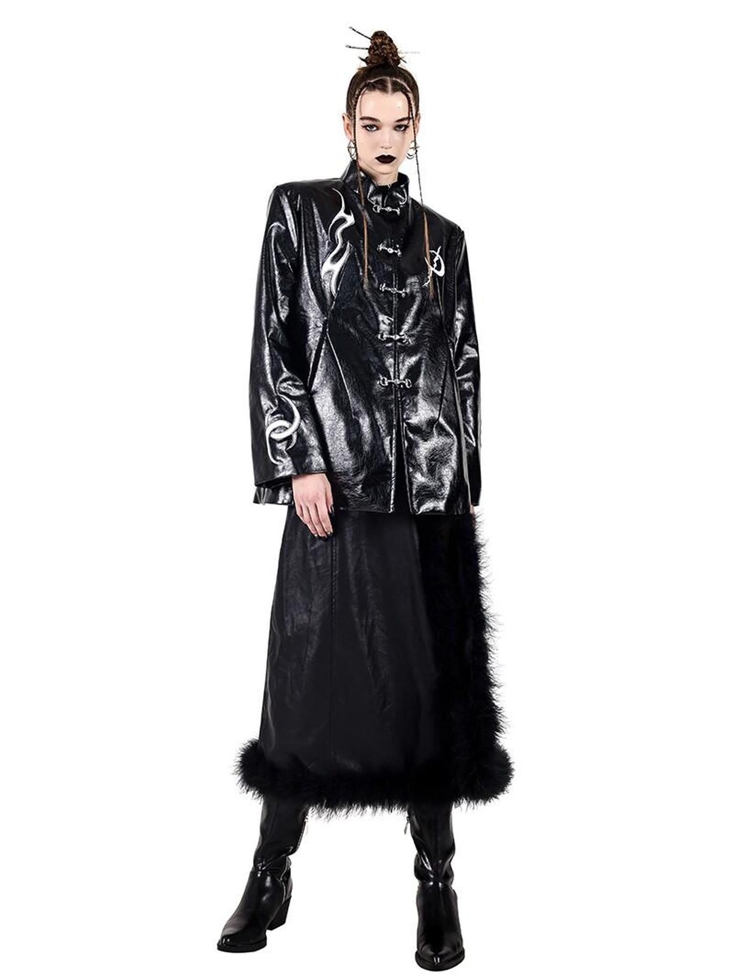 PINKSPINK Embroidered Metal Buckle Chinese Padded Shoulder Women's Pu Leather Jackets