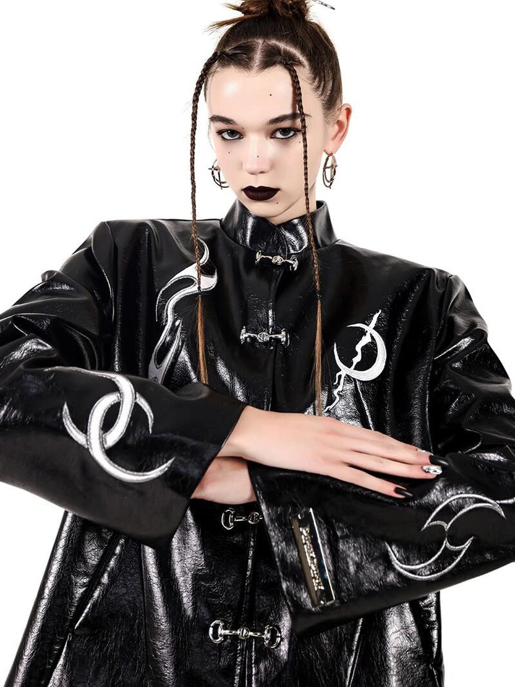 PINKSPINK Embroidered Metal Buckle Chinese Padded Shoulder Women's Pu Leather Jackets