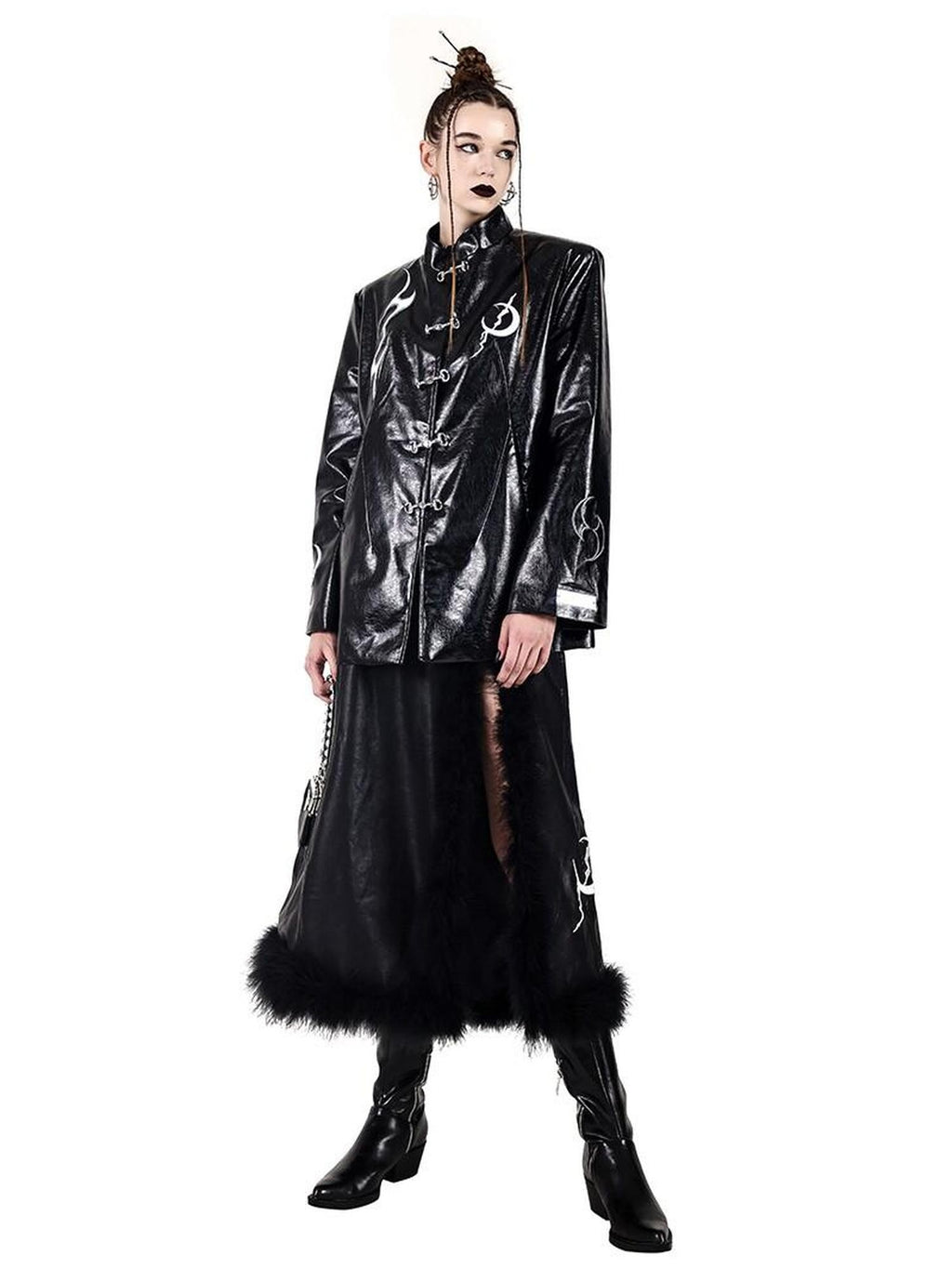 PINKSPINK Embroidered Metal Buckle Chinese Padded Shoulder Women's Pu Leather Jackets