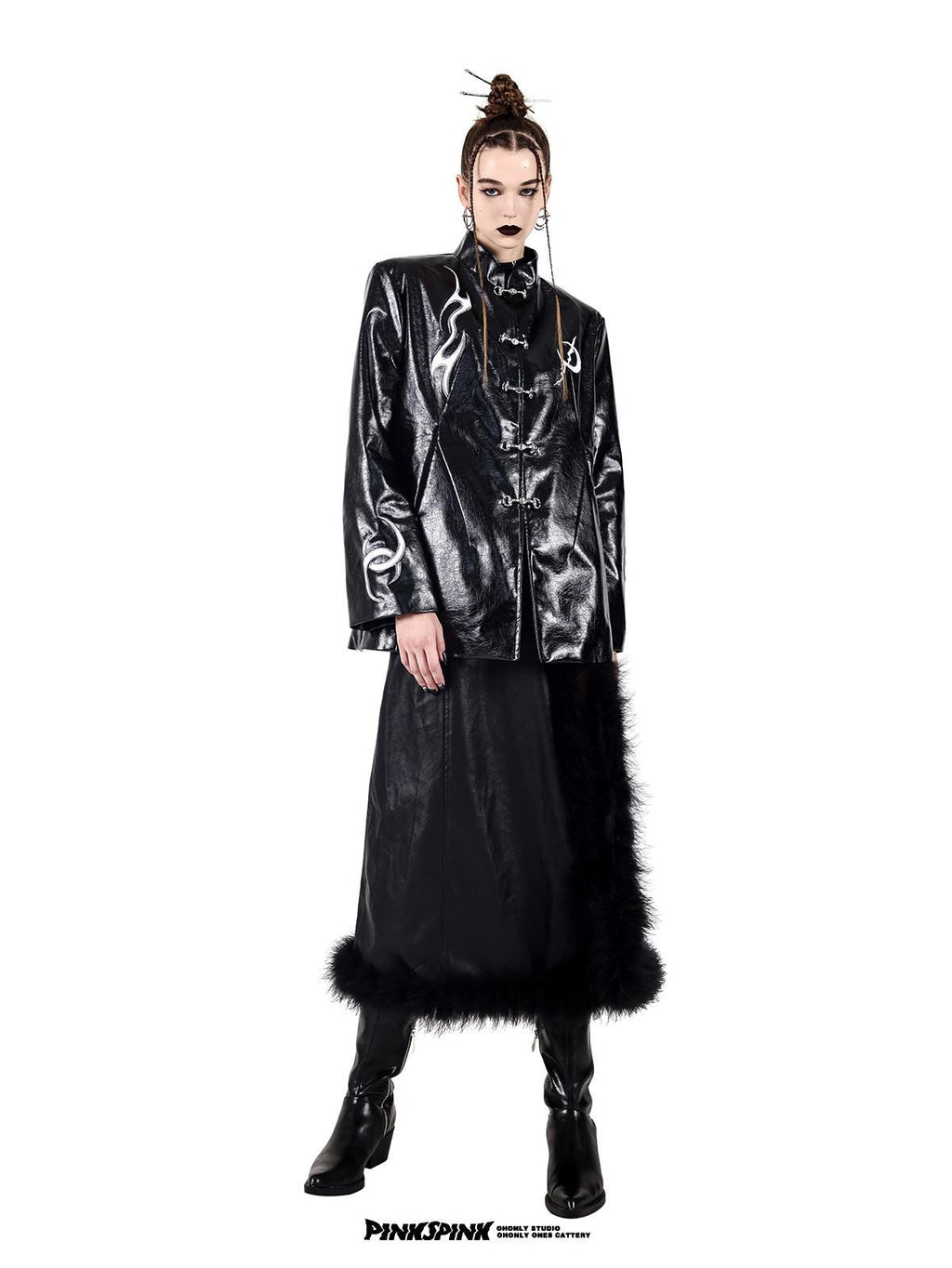 PINKSPINK Embroidered Metal Buckle Chinese Padded Shoulder Women's Pu Leather Jackets