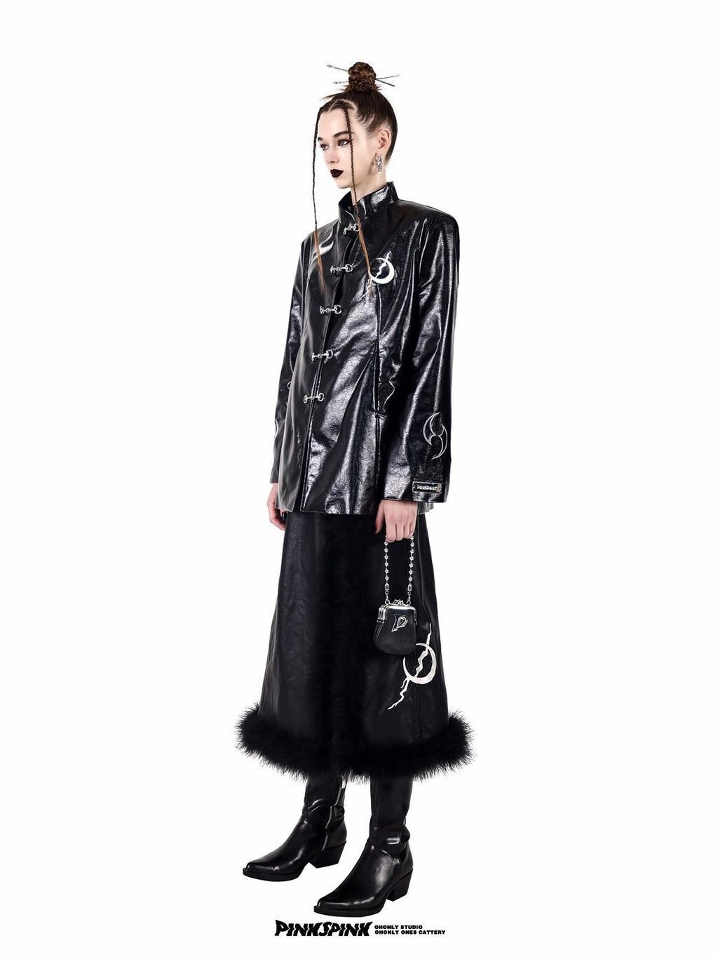 PINKSPINK Embroidered Metal Buckle Chinese Padded Shoulder Women's Pu Leather Jackets