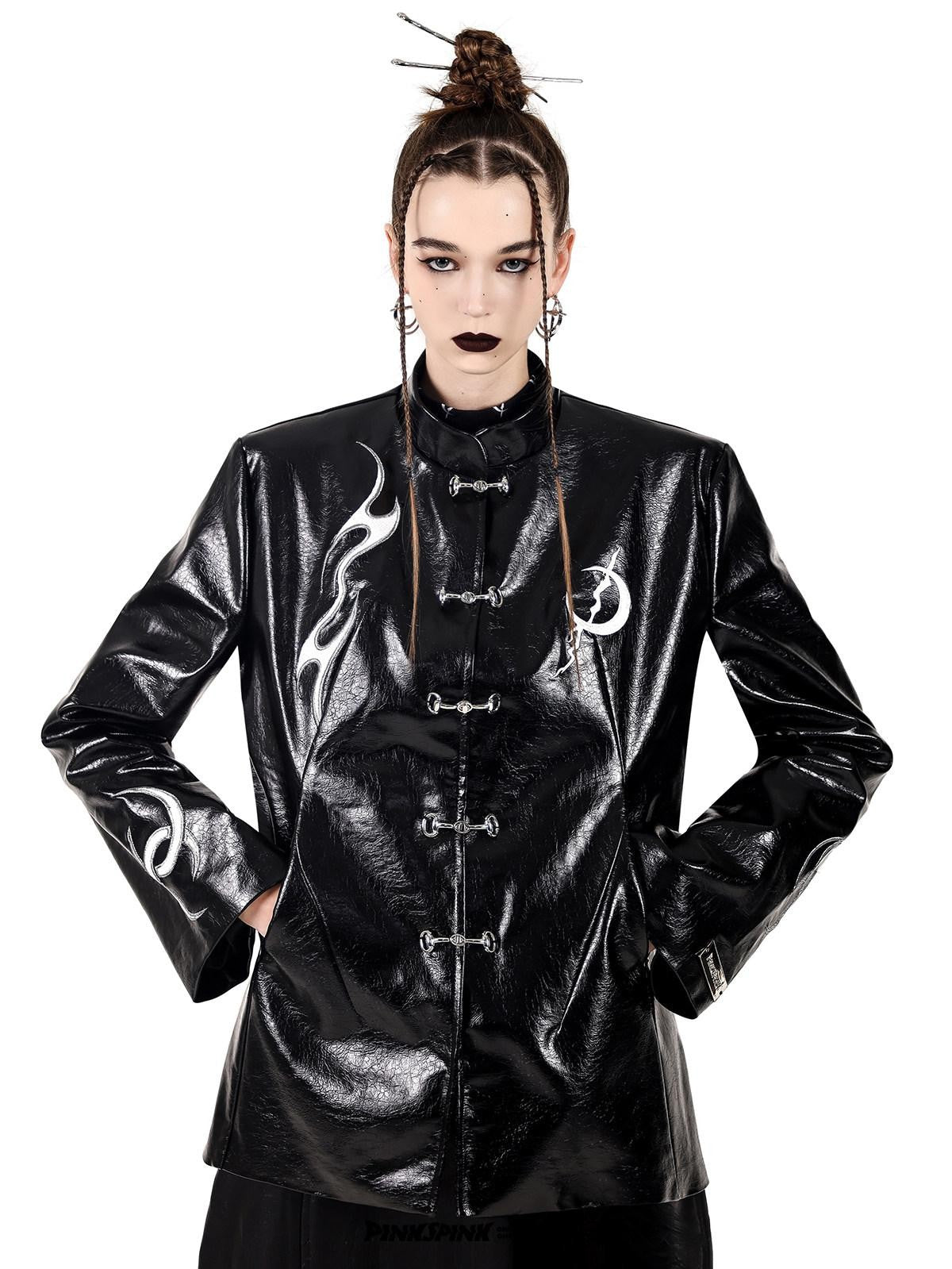 PINKSPINK Embroidered Metal Buckle Chinese Padded Shoulder Women's Pu Leather Jackets