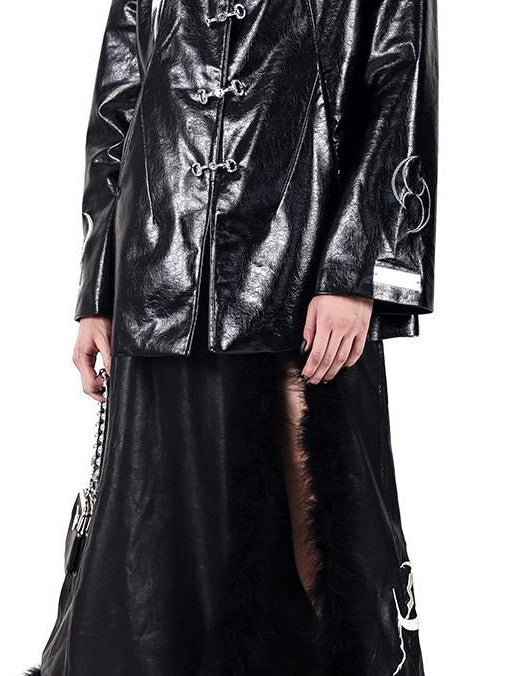PINKSPINK Embroidered Metal Snap Chinese Padded Shoulders Women's Pu Leather Jackets