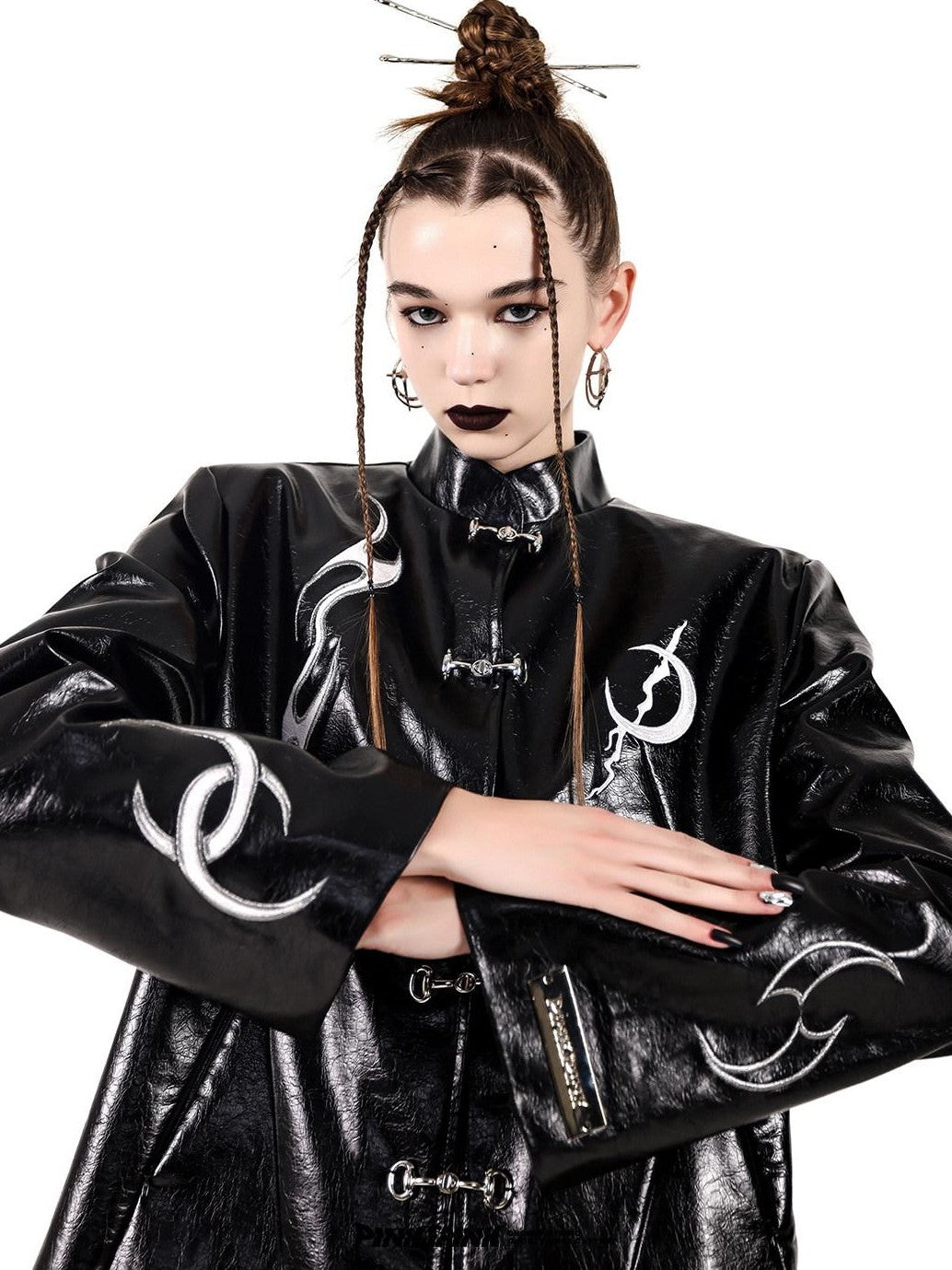PINKSPINK Embroidered Metal Snap Chinese Padded Shoulders Women's Pu Leather Jackets
