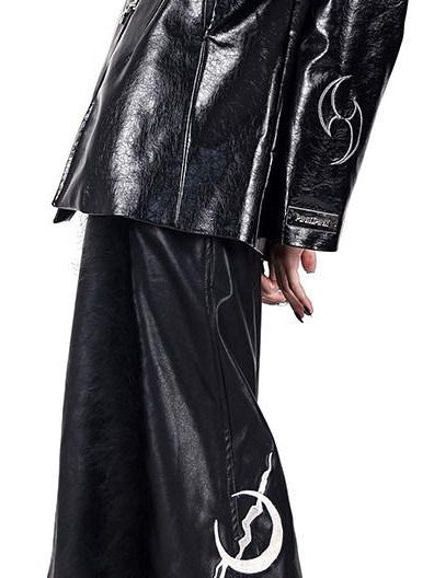 PINKSPINK Embroidered Metal Snap Chinese Padded Shoulders Women's Pu Leather Jackets
