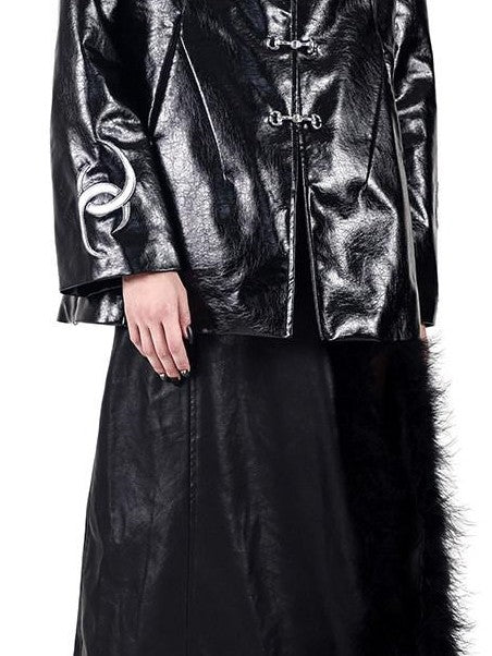 PINKSPINK Embroidered Metal Snap Chinese Padded Shoulders Women's Pu Leather Jackets