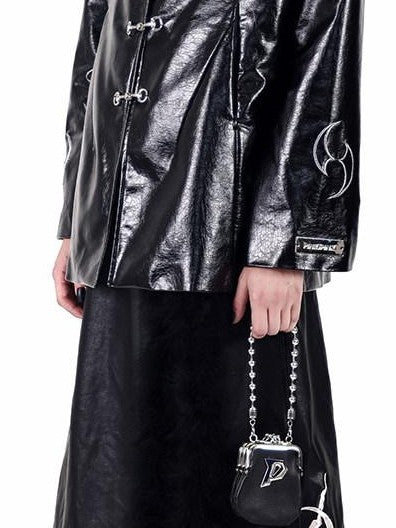 PINKSPINK Embroidered Metal Snap Chinese Padded Shoulders Women's Pu Leather Jackets