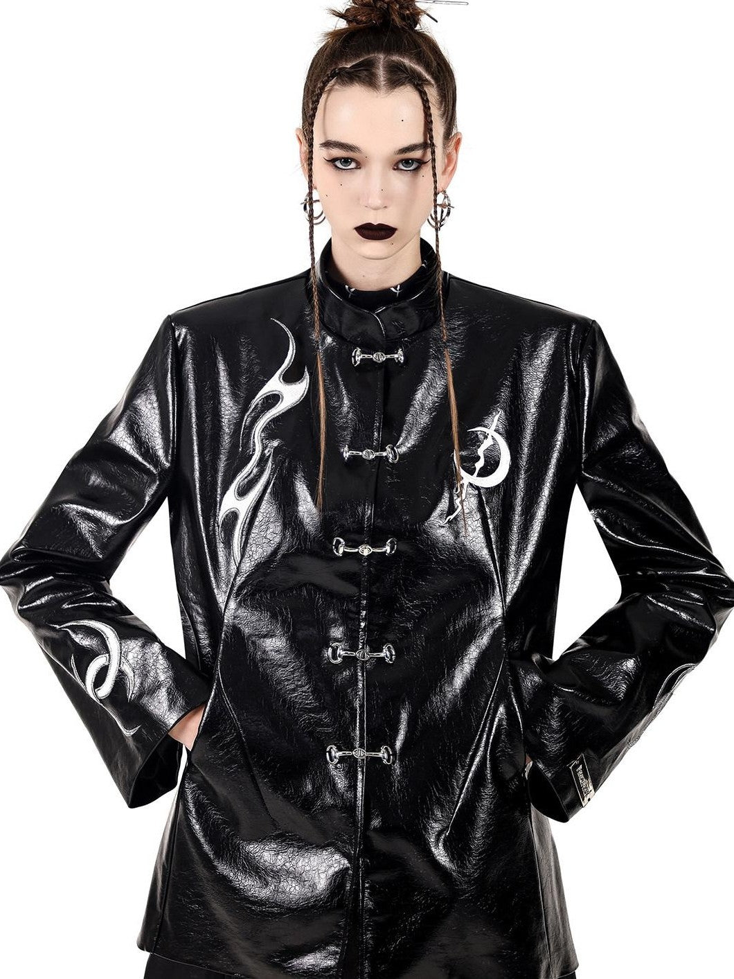 PINKSPINK Embroidered Metal Snap Chinese Padded Shoulders Women's Pu Leather Jackets