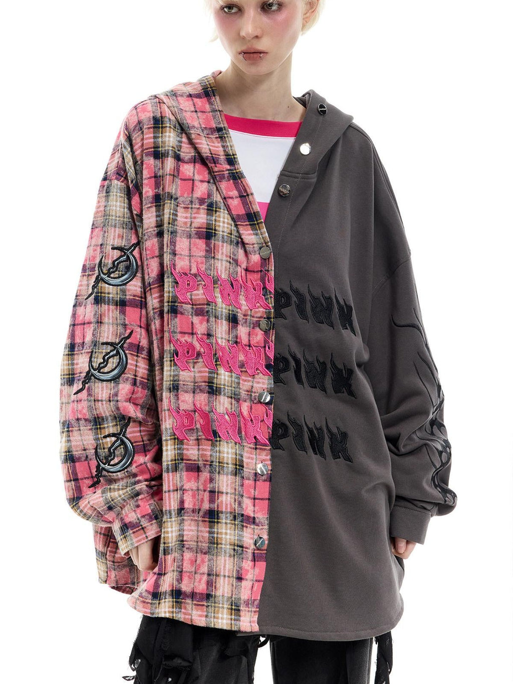 PINKSPINK Embroidered Patchwork Hooded Punk Women's Cotton Oversized Tunic Blouses