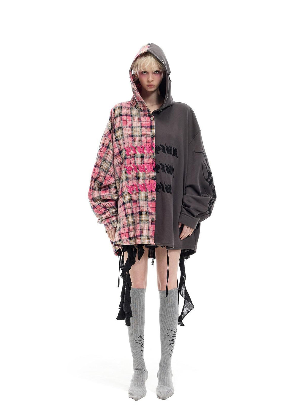 PINKSPINK Embroidered Patchwork Hooded Punk Women's Cotton Oversized Tunic Blouses