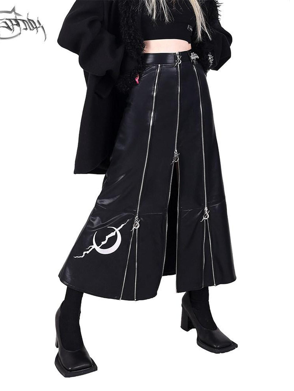 PINKSPINK Embroidered Zipper Patchwork A Line Women's Pu Leather Skirts