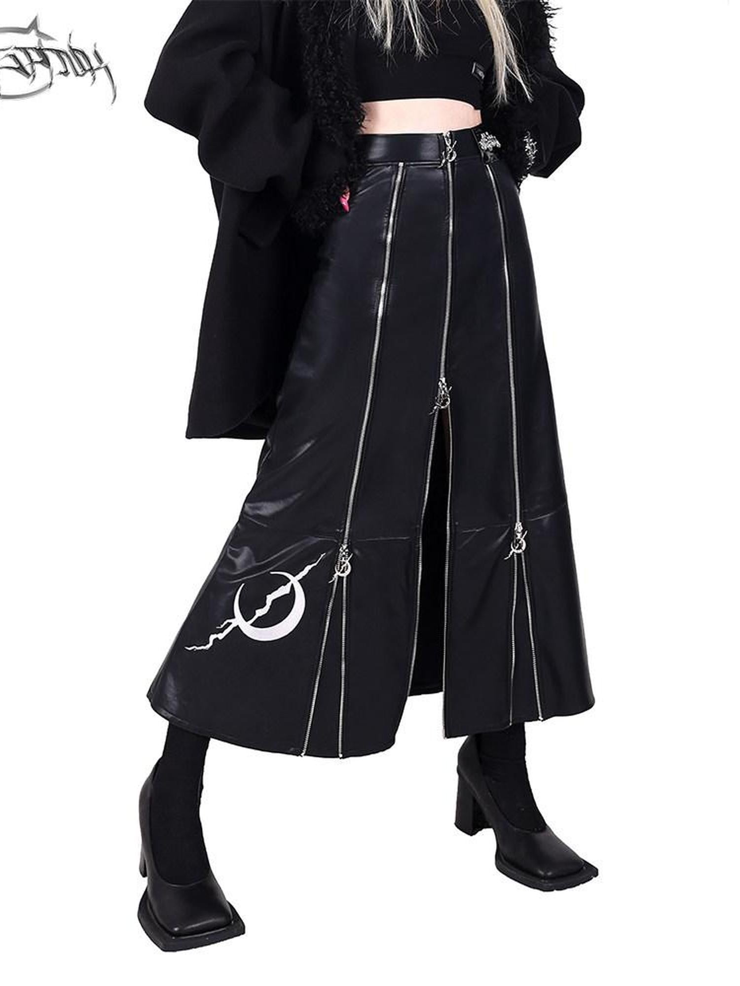 PINKSPINK Embroidered Zipper Patchwork A Line Women's Pu Leather Skirts
