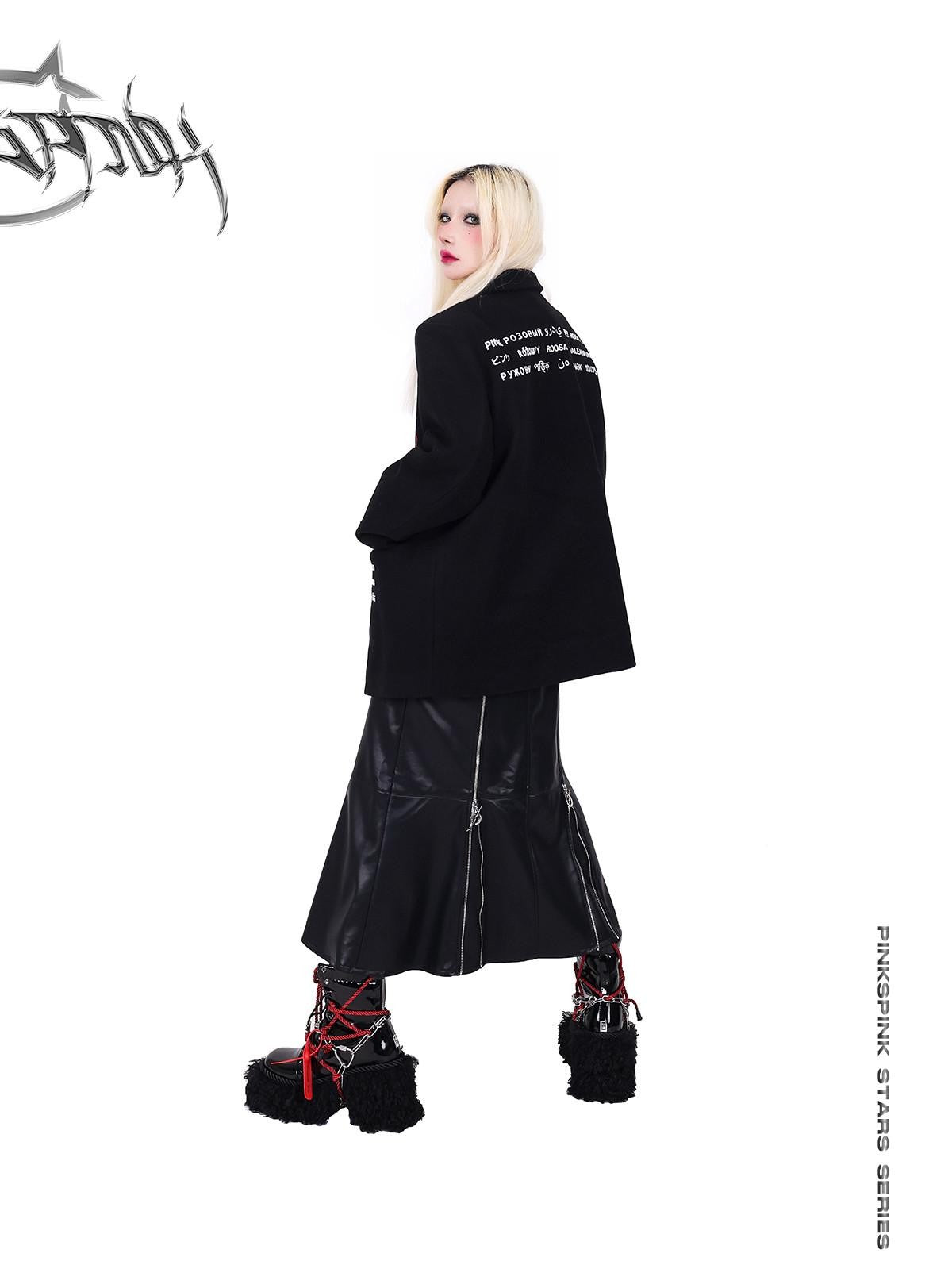 PINKSPINK Embroidered Zipper Patchwork A Line Women's Pu Leather Skirts