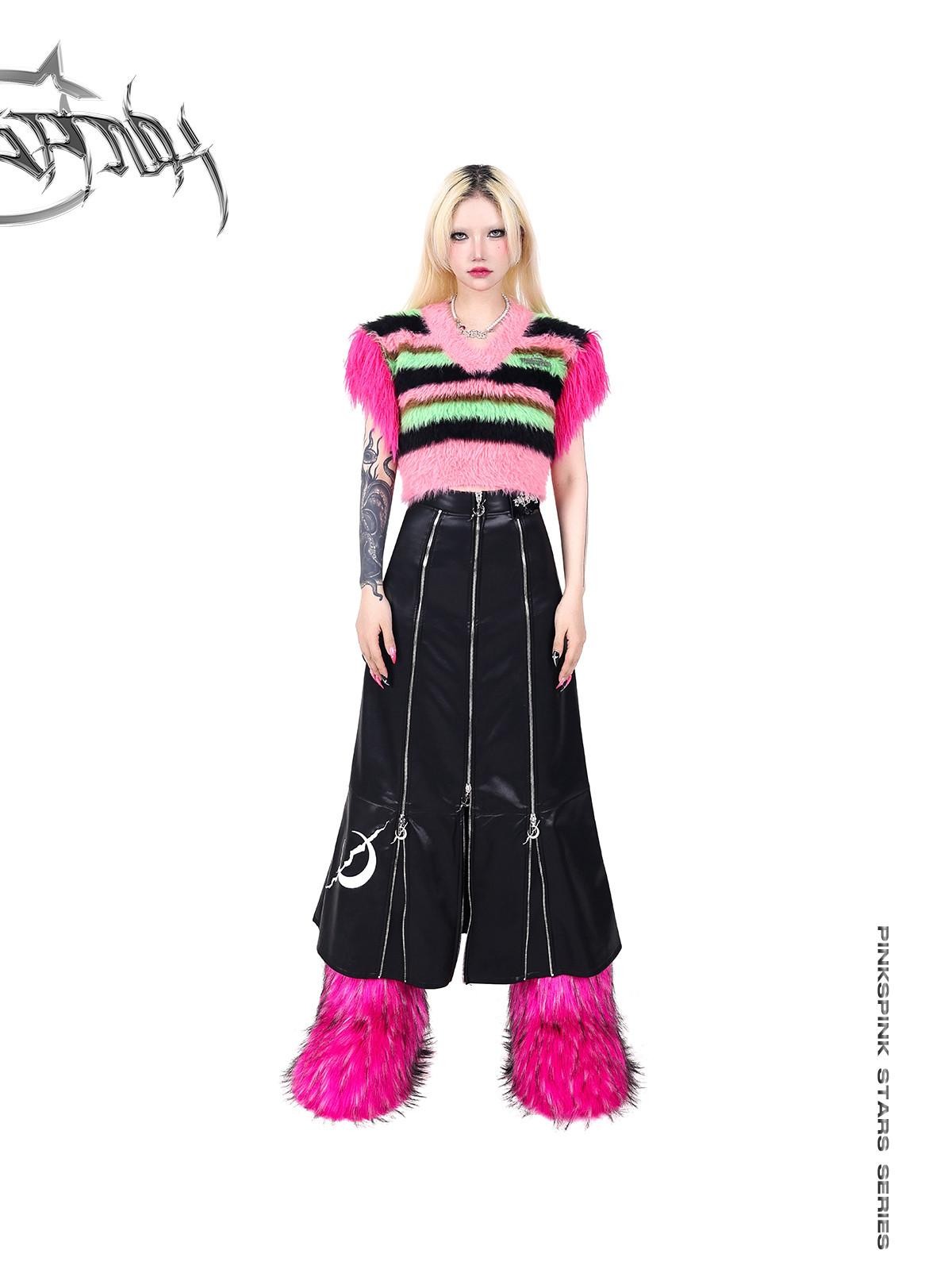 PINKSPINK Embroidered Zipper Patchwork A Line Women's Pu Leather Skirts