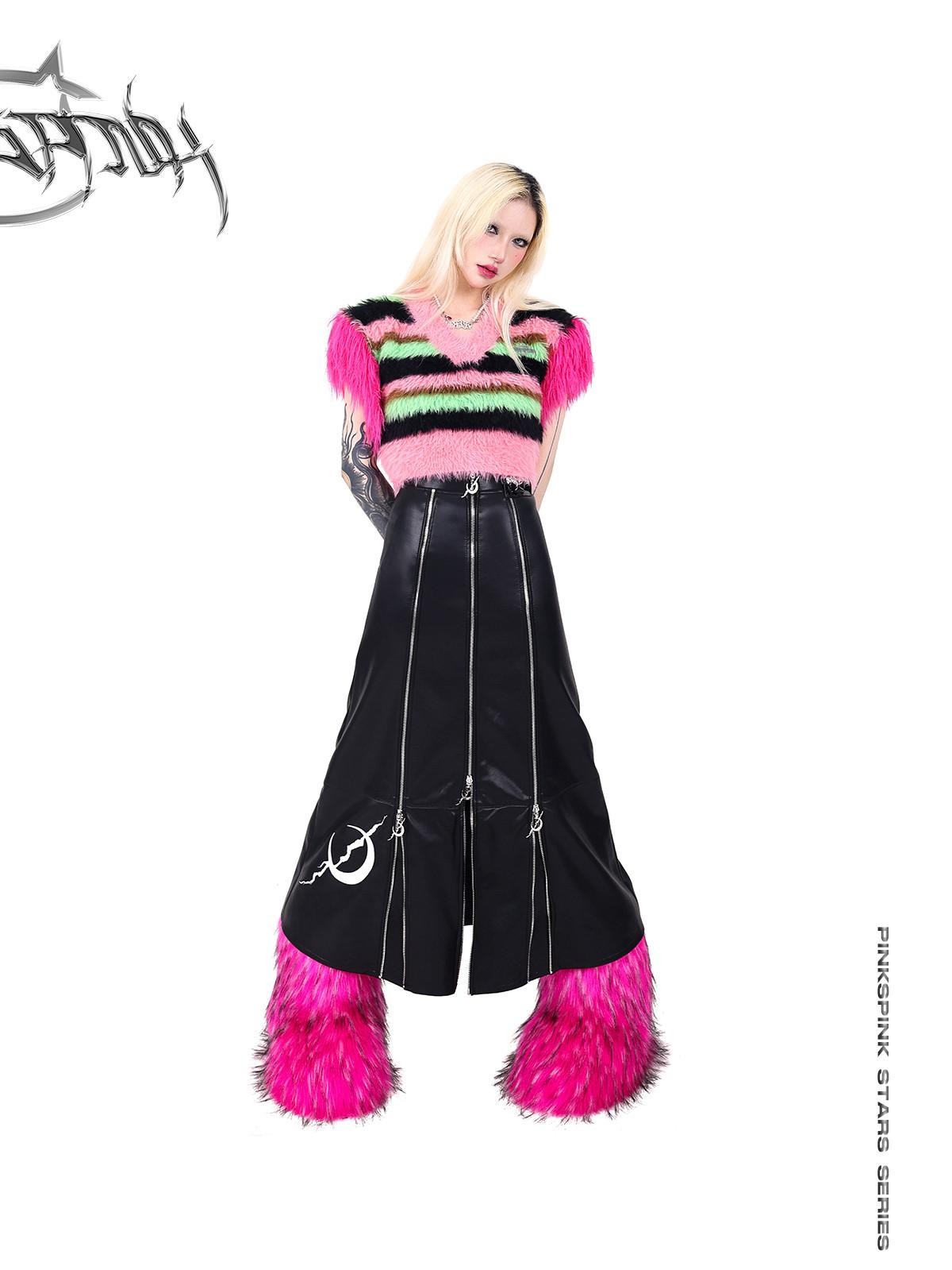 PINKSPINK Embroidered Zipper Patchwork A Line Women's Pu Leather Skirts