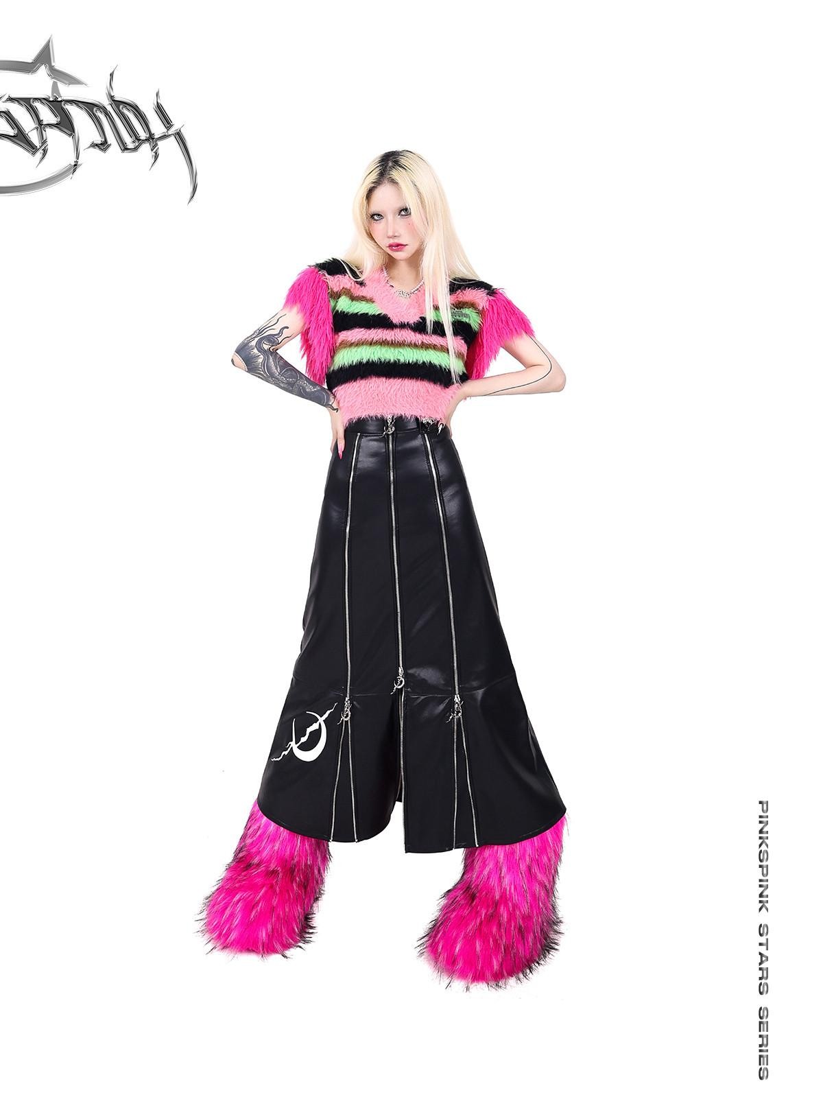 PINKSPINK Embroidered Zipper Patchwork A Line Women's Pu Leather Skirts