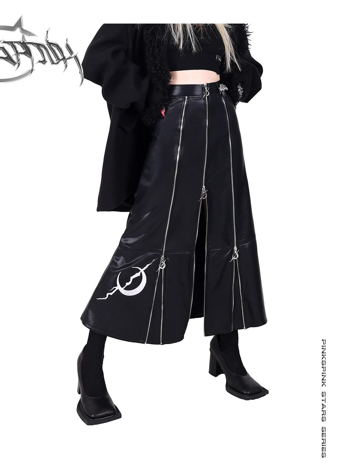 PINKSPINK Embroidered Zipper Patchwork A Line Women's Pu Leather Skirts