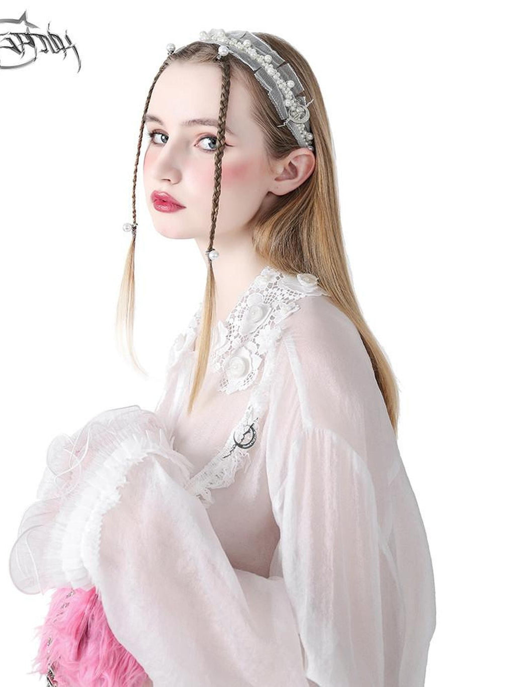 PINKSPINK Fairy Pearl Floral Trim Dangling Charm Women's Lace Headbands