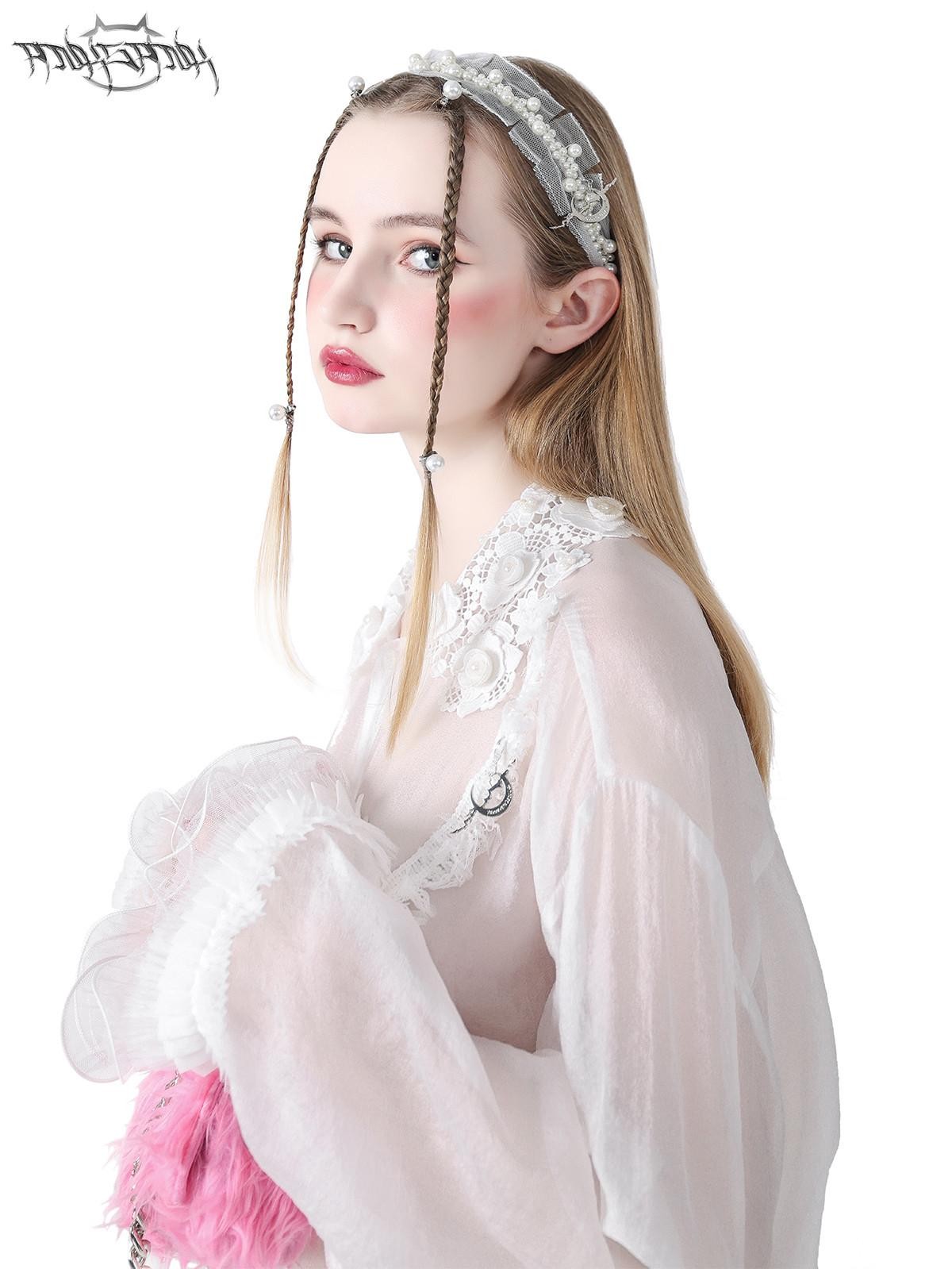 PINKSPINK Fairy Pearl Floral Trim Dangling Charm Women's Lace Headbands